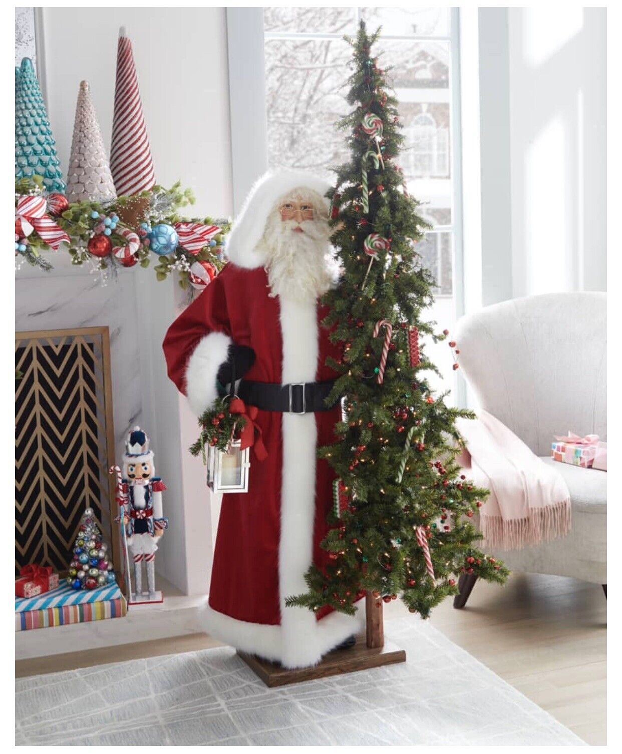 Life Size 57” Santa Claus next to 72” Lighted Candied Christmas Tree