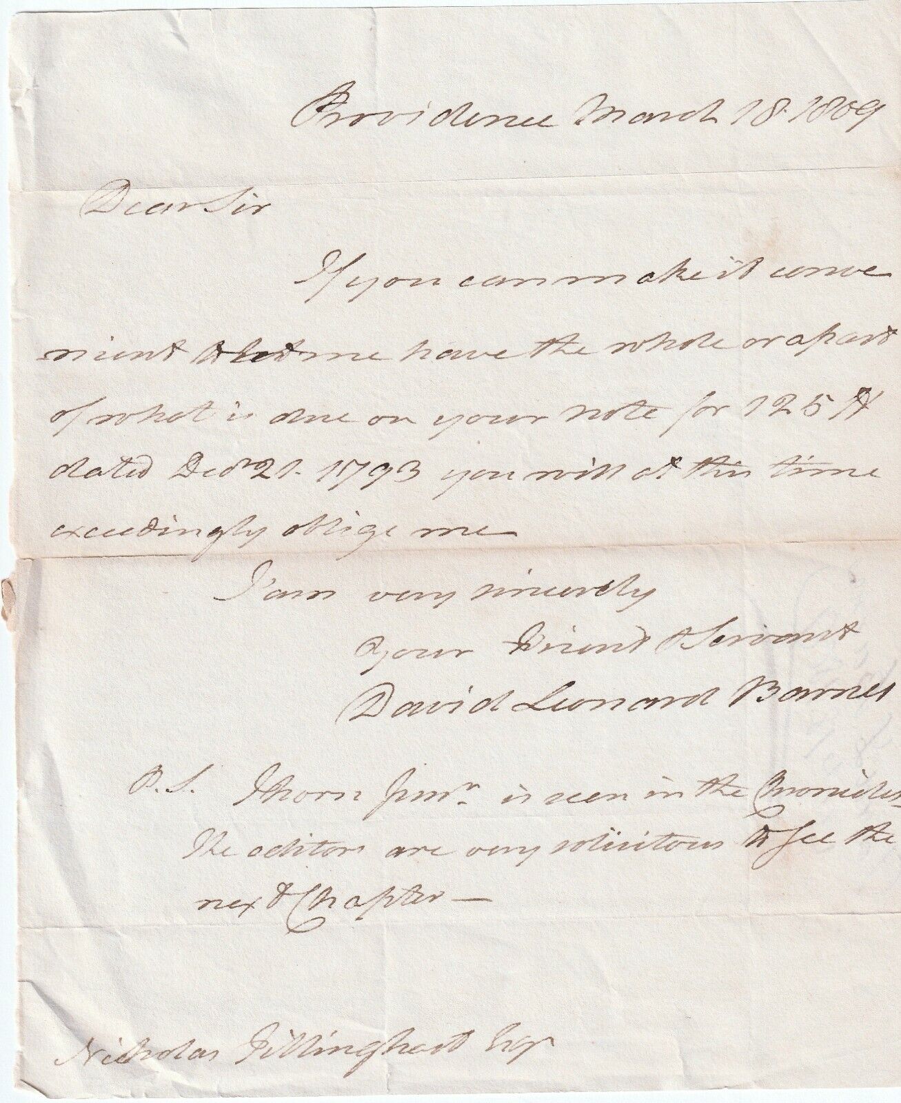 RARE Autograph Letter Signed- 1809 David L Barnes vs West 1st Supreme Court Case