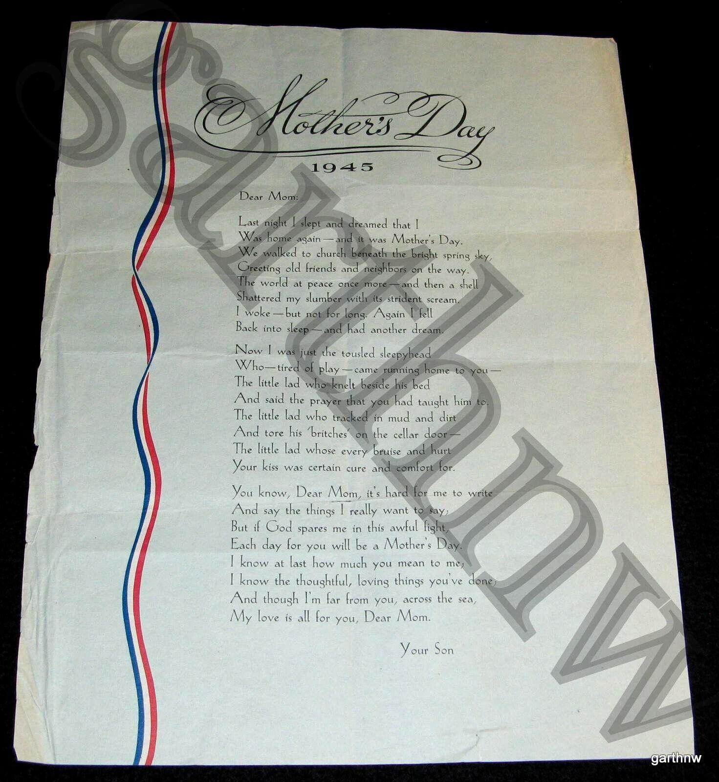 MOTHER'S DAY 1945 WORLD WAR II  SOLDIER'S PATRIOTIC POEM * DREAM OF PEACE