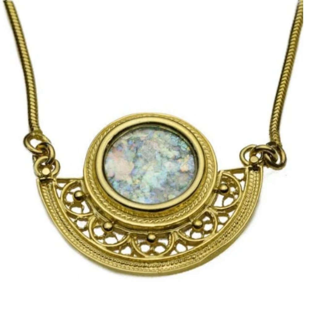 Roman Glass Filigree Necklace in 14k Yellow Gold Half Moon Round 22.4mm