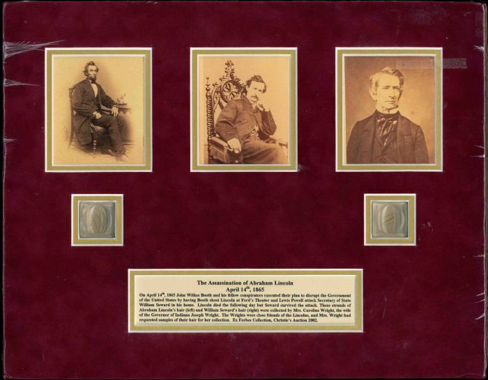 Abraham Lincoln's Hair Strands and William Seward's Hair Strands Relic Display -