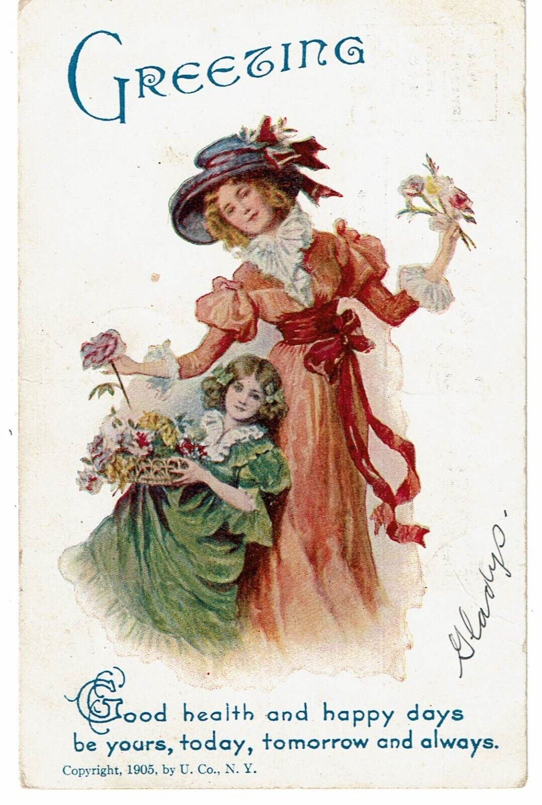 1905 Greeting good health happy days Victorian woman & child flowers Postcard