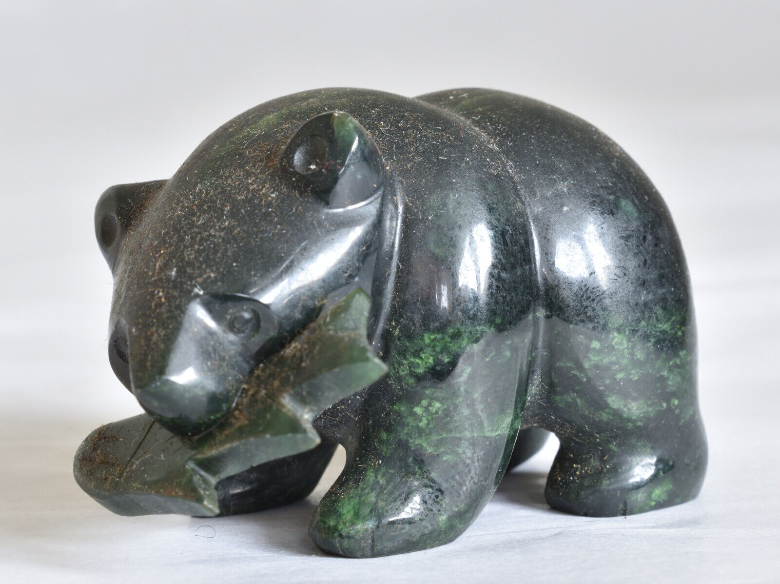 Japanese Old Stone Figure: design Bear Holding Salmon