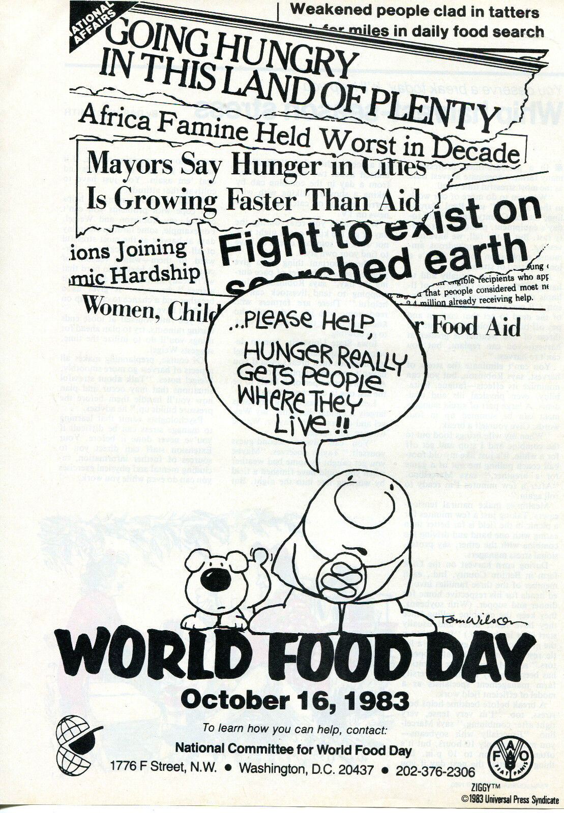 1983 WORLD FOOD DAY October 16 Ziggy Cartoon Print Ad