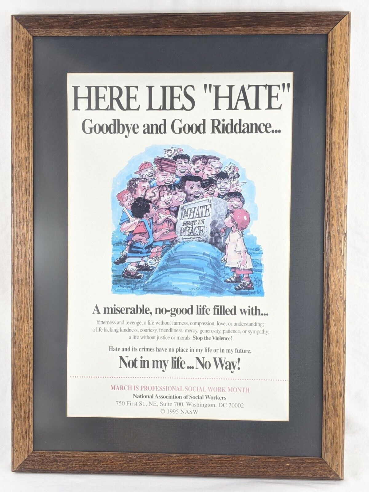 Rare Vintage Poster Social Justice Framed Here Lies Hate Rest in Peace 22