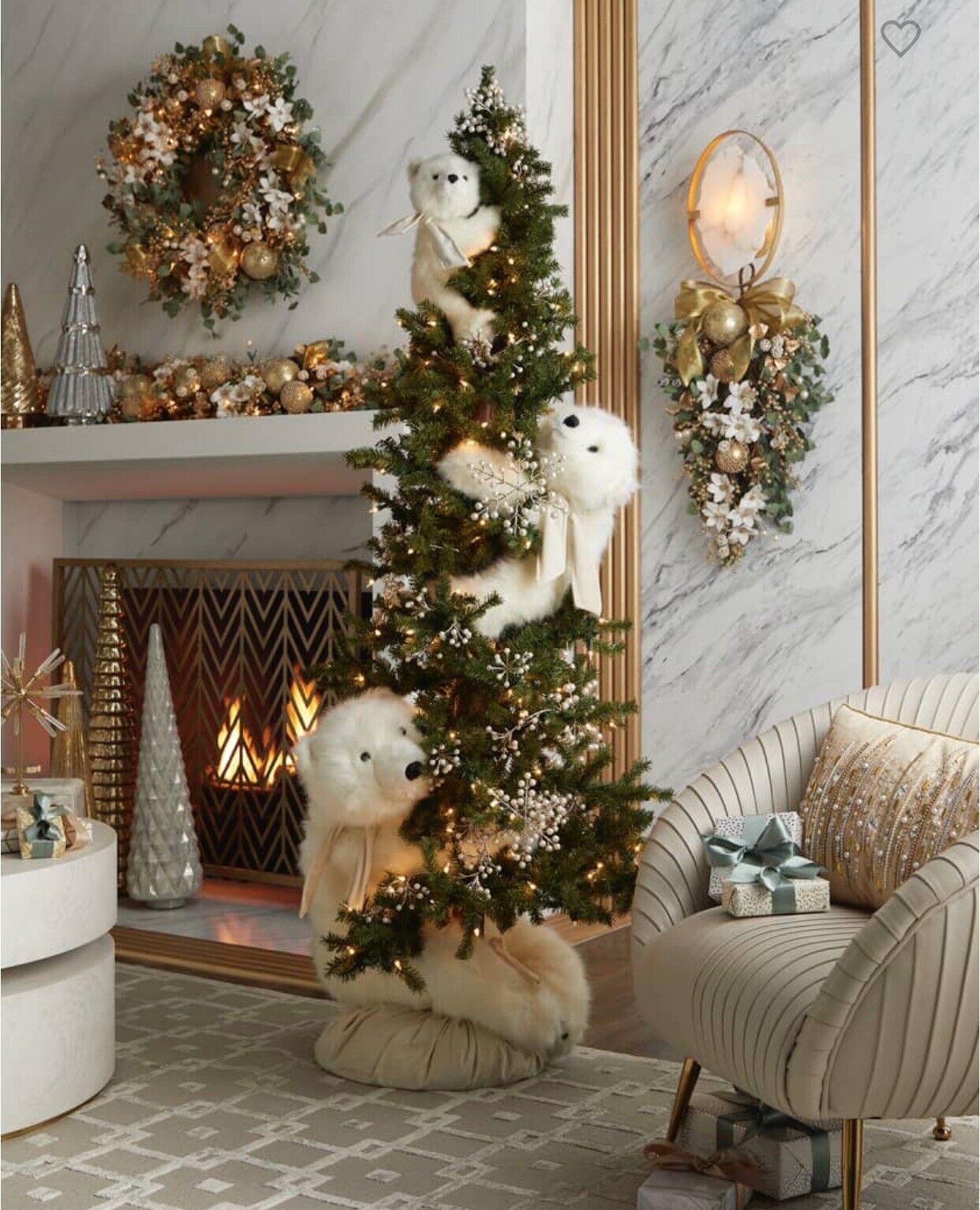 Polar Bear Trio Climbing Lighted 6ft Golden Pearl White Diamond Christmas Tree