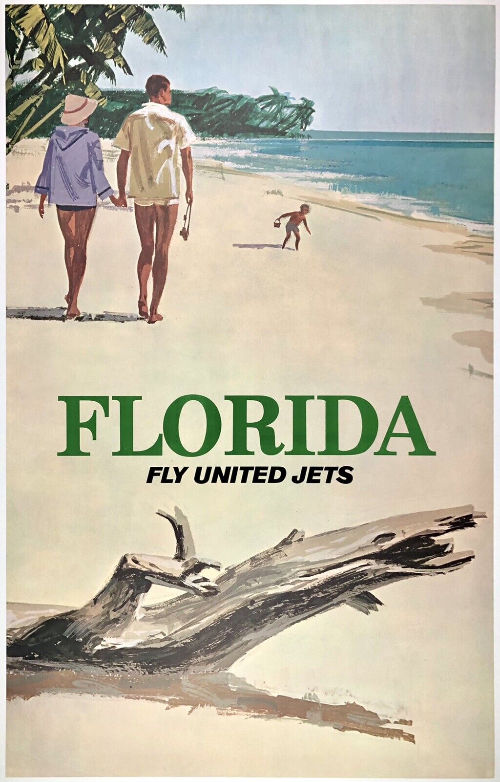 Original Vintage Poster FLORIDA FLY UNITED JETS Airline Travel Tourism UAL LINEN