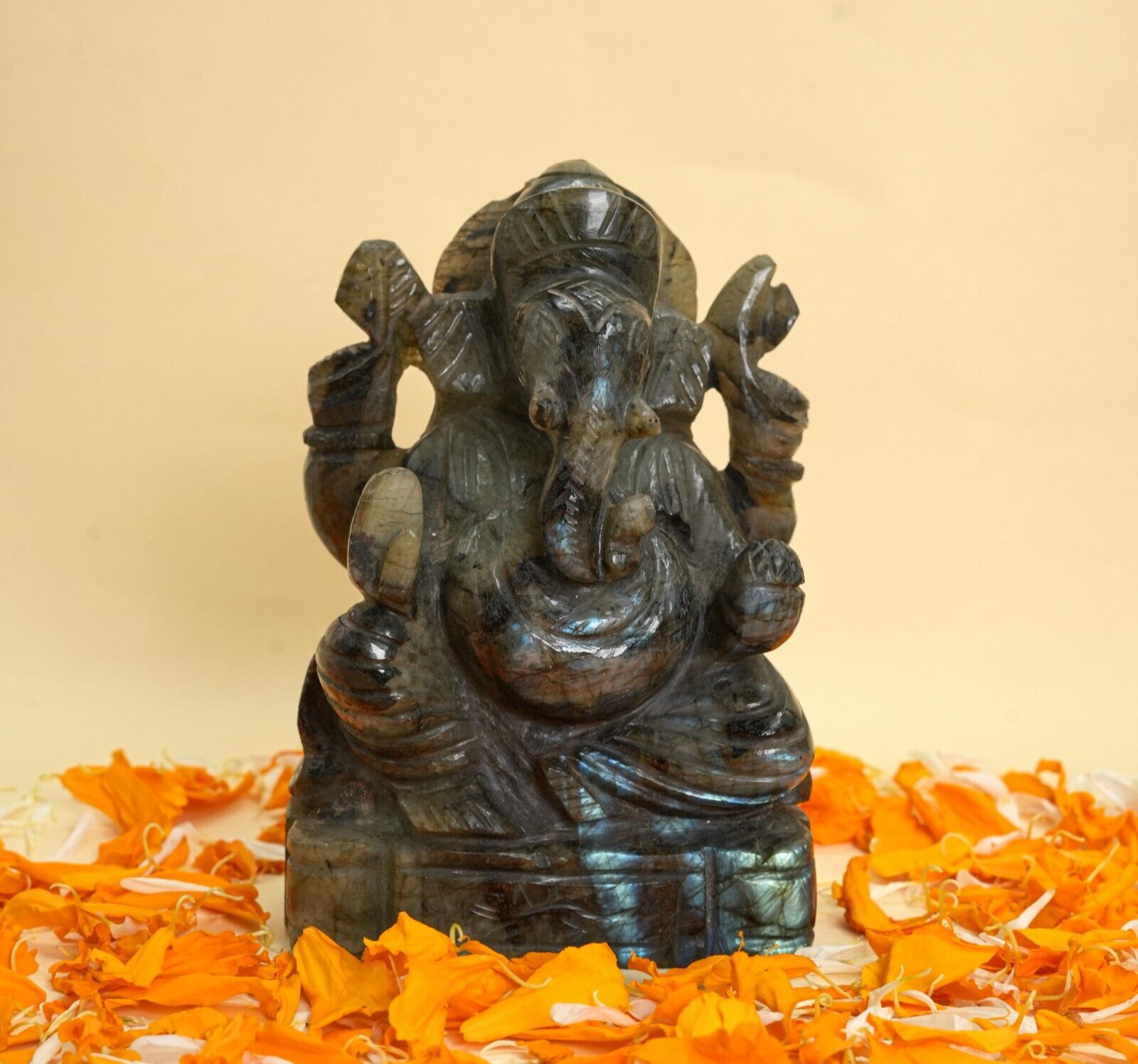 Divinely Crafted Natural Labradorite Stone Ganesha Statue
