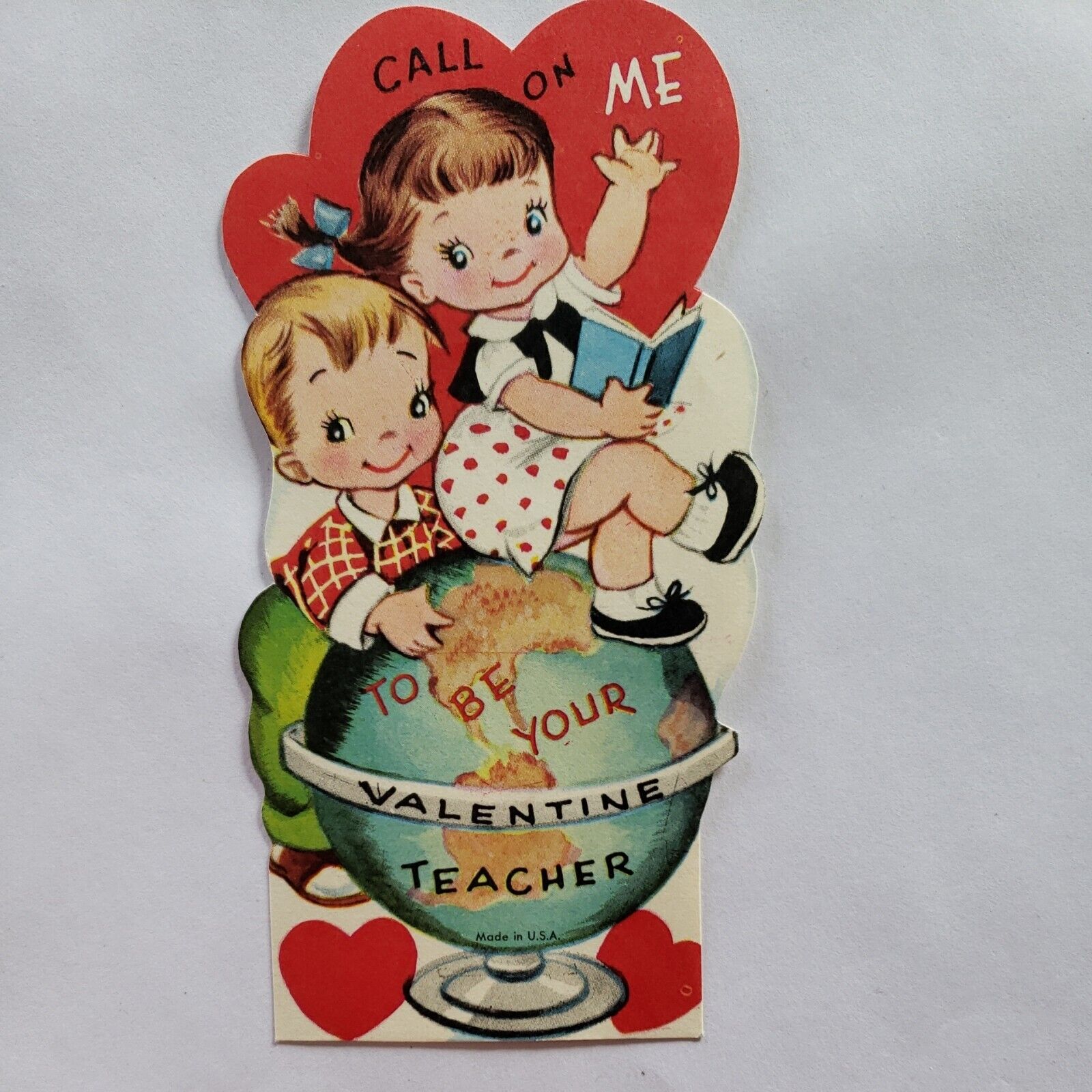 Vintage Boy & Girl on Top of the World Valentine Day Card For Teacher USA