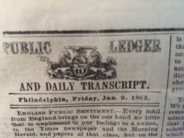 ABRAHAM LINCOLN EMANCIPATION PROCLAMATION 1ST PRINT NEWSPAPER NOTICE OF SIGNING