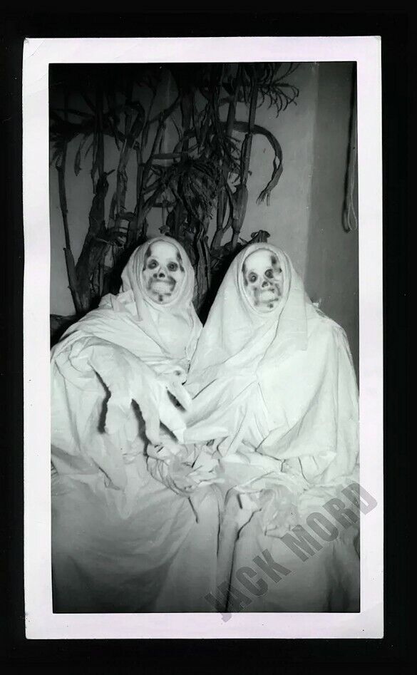 creepy halloween costume skull ghouls or ghosts vintage snapshot photo