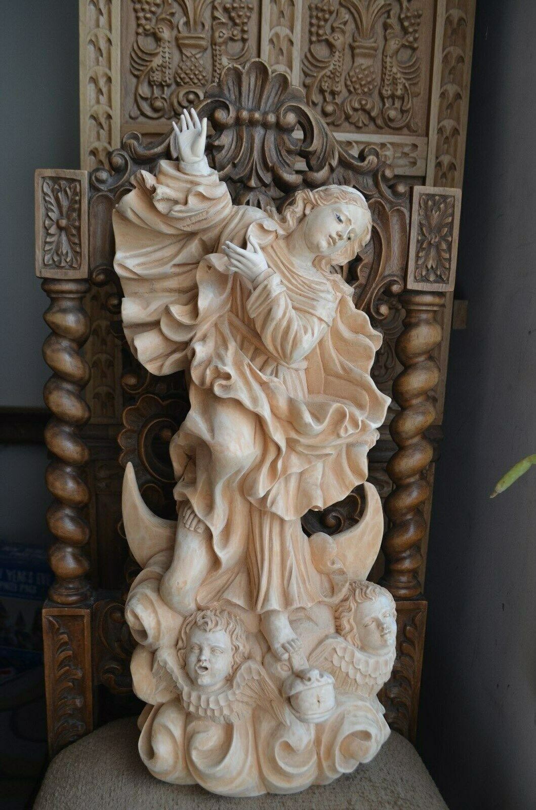 Hand carved Wood  Statue sculpture Virgin Mary The Immaculate Conception Santo