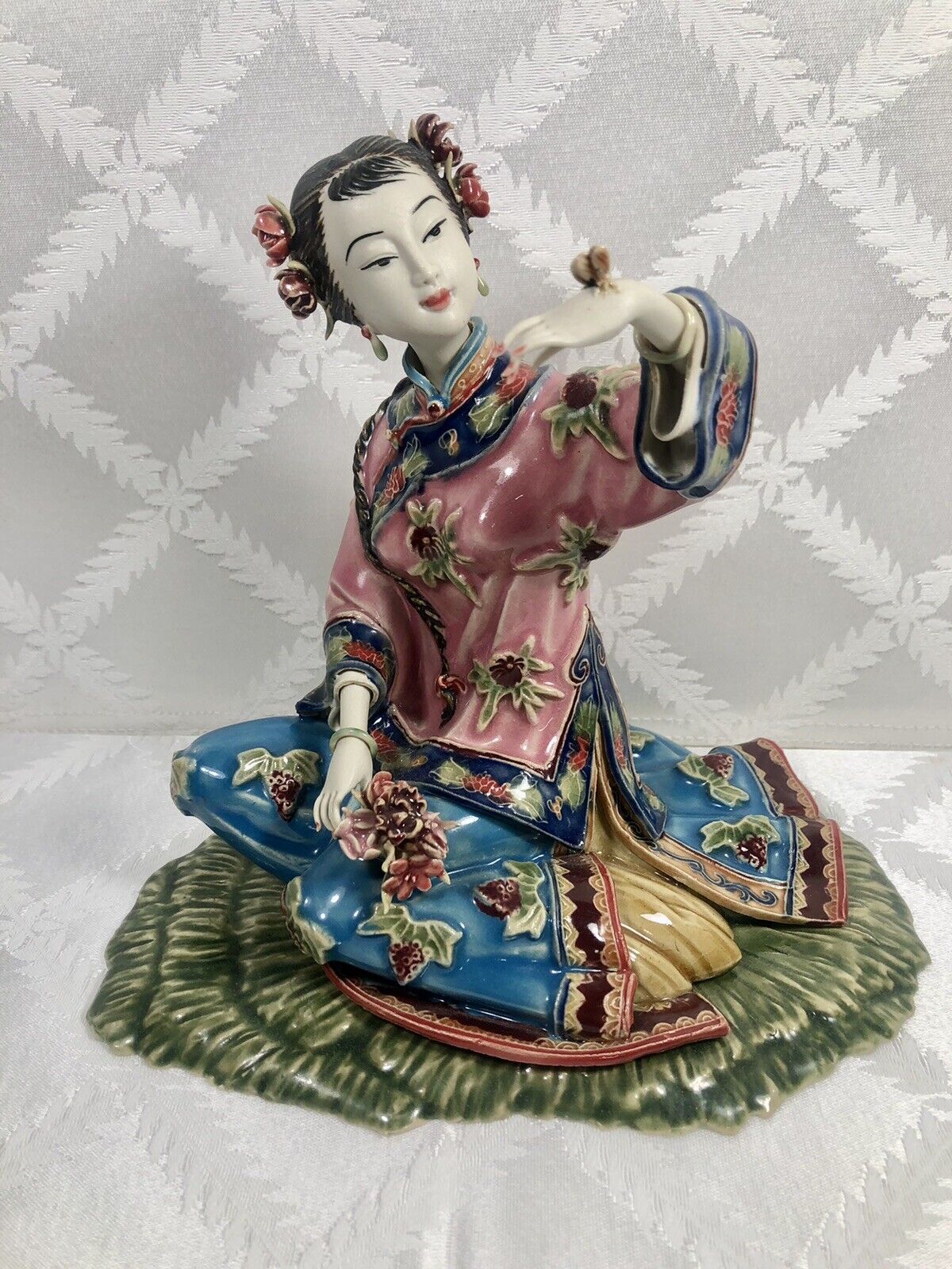 Vintage Oriental Figurine Intricate Hand Crafted Lady With Butterfly