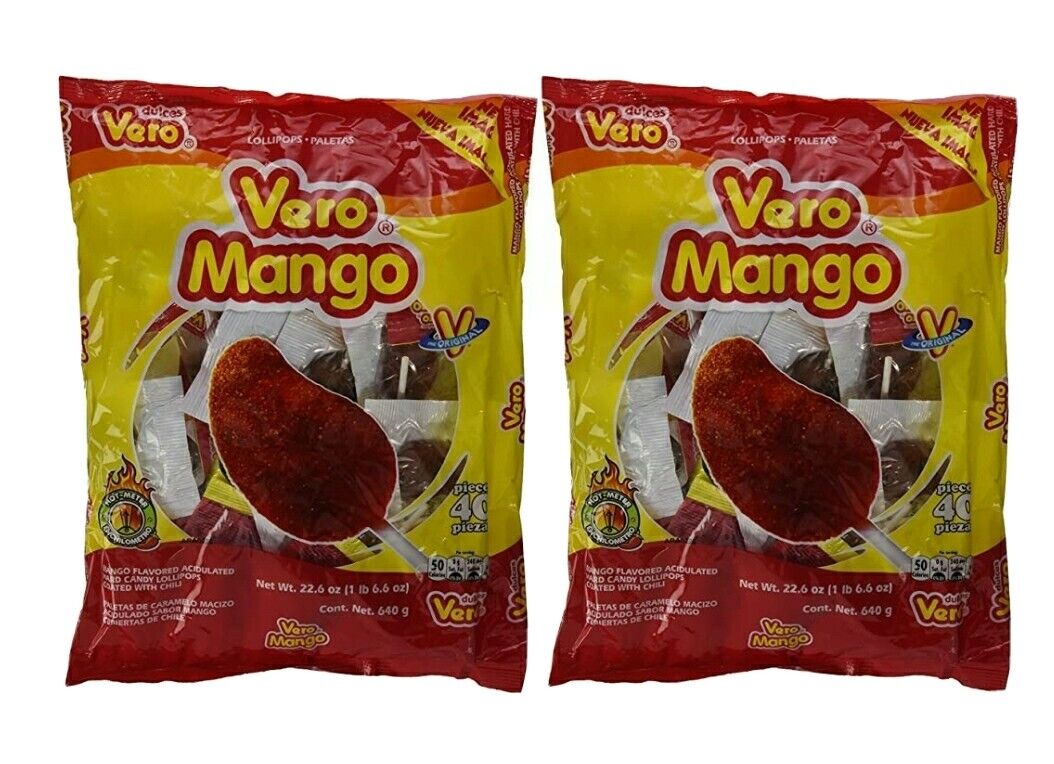 2 Bags Vero Mango Lollipop w/ Spicy Chile total 80 pieces Mexican Candy