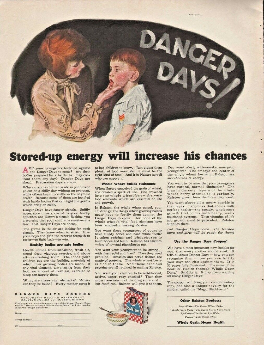 1927 Ralston Purina Cereal Danger Days Childrens Health Whole Grain - Vintage Ad