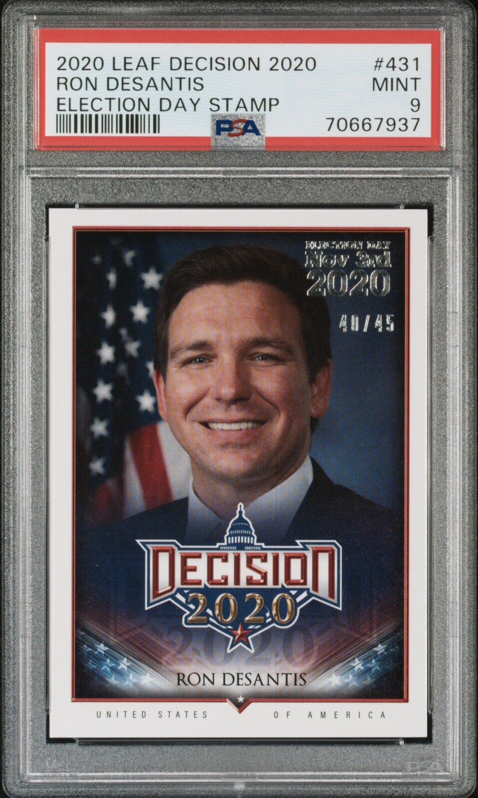 Ron Desantis 2020 Leaf Decision #431 Election Day Stamp Rookie RC /45 PSA 9 Mint