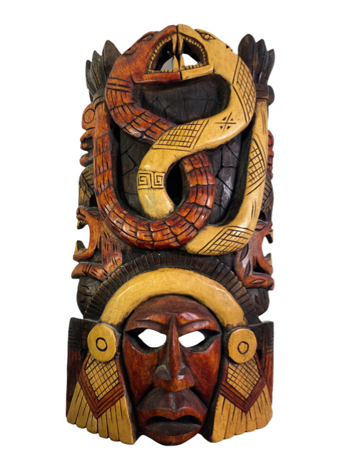 Hand Carved Wood Mayan Mask Double Serpent Summer Solstice Chichén Itza, Mexico