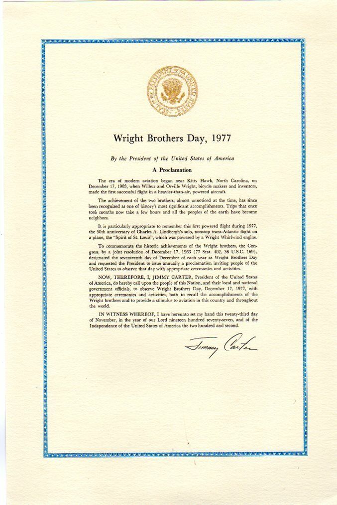 1977 Jimmy Carter Wright Brothers Day Proclamation