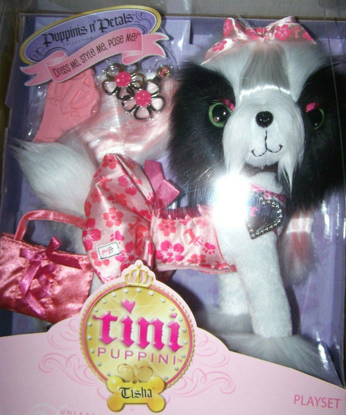 TINI PUPPINI Tisha Toy Dog Playset + Carrier/Bed + Fashion Outfit 3 LOT Set NEW