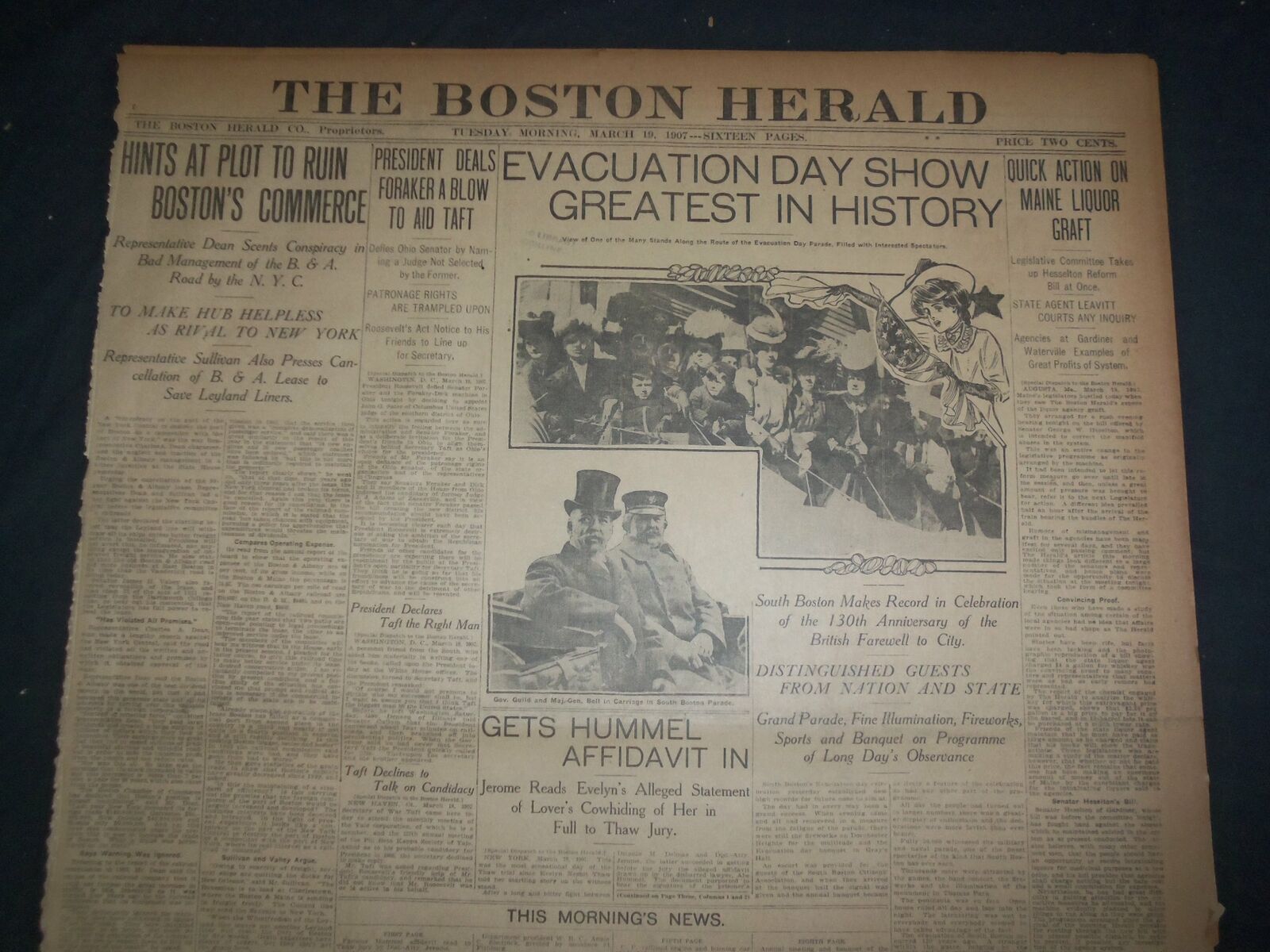 1907 MARCH 19 THE BOSTON HERALD - EVACUATION DAY SHOW GREATEST IN HISTORY- BH 13