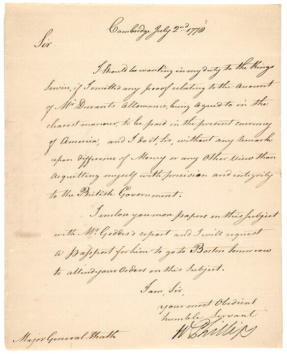 1778 British Maj Gen William Phillips Letter When Held American Prisoner of War