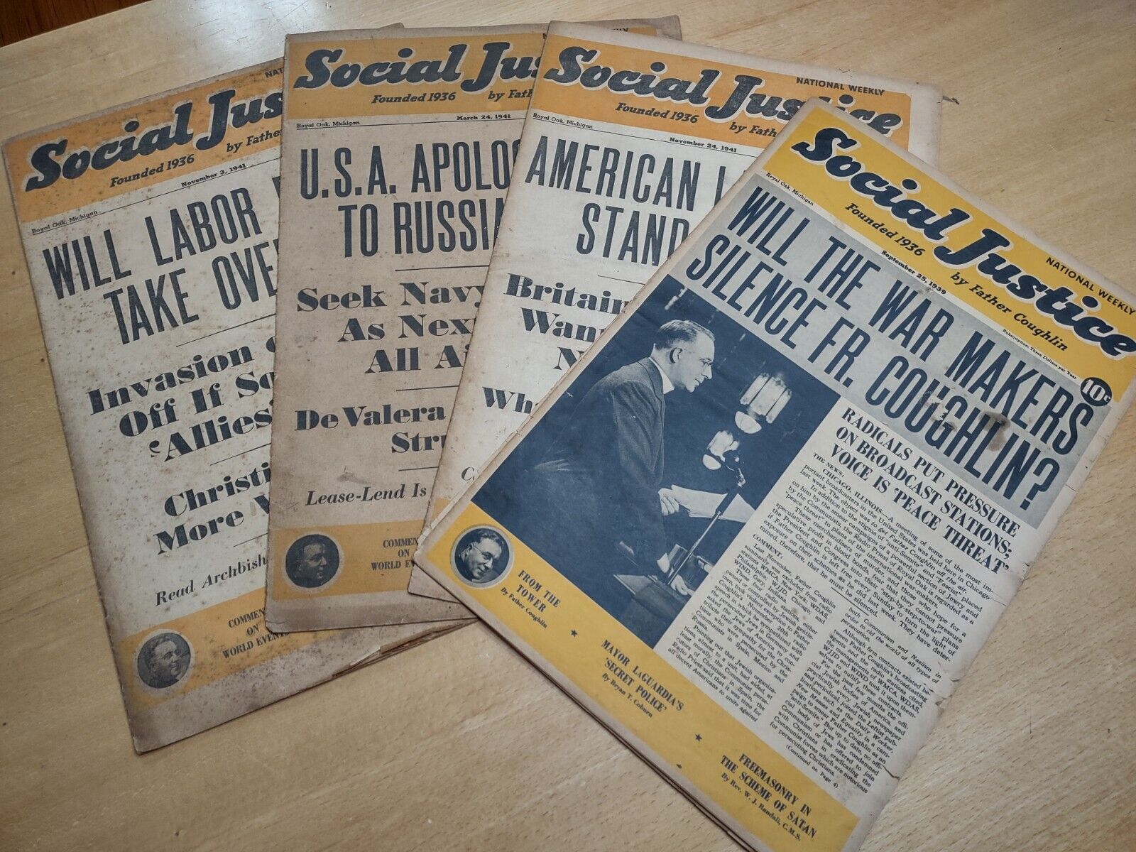 Lot of 4 Social Justice Father Coughlin Magazine Weekly  three 1941 one 1939