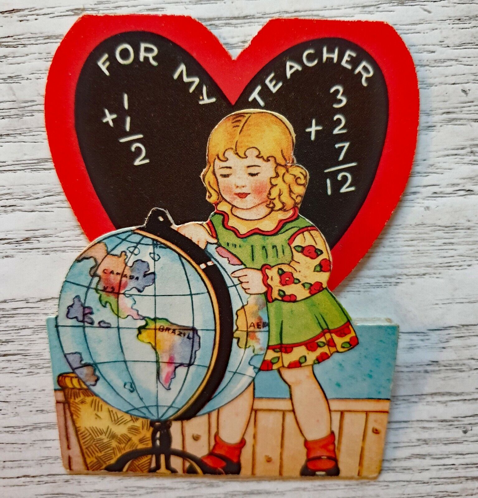 Vintage 30s Girl World Globe Teacher School Valentine's Day Greeting Card EB2105