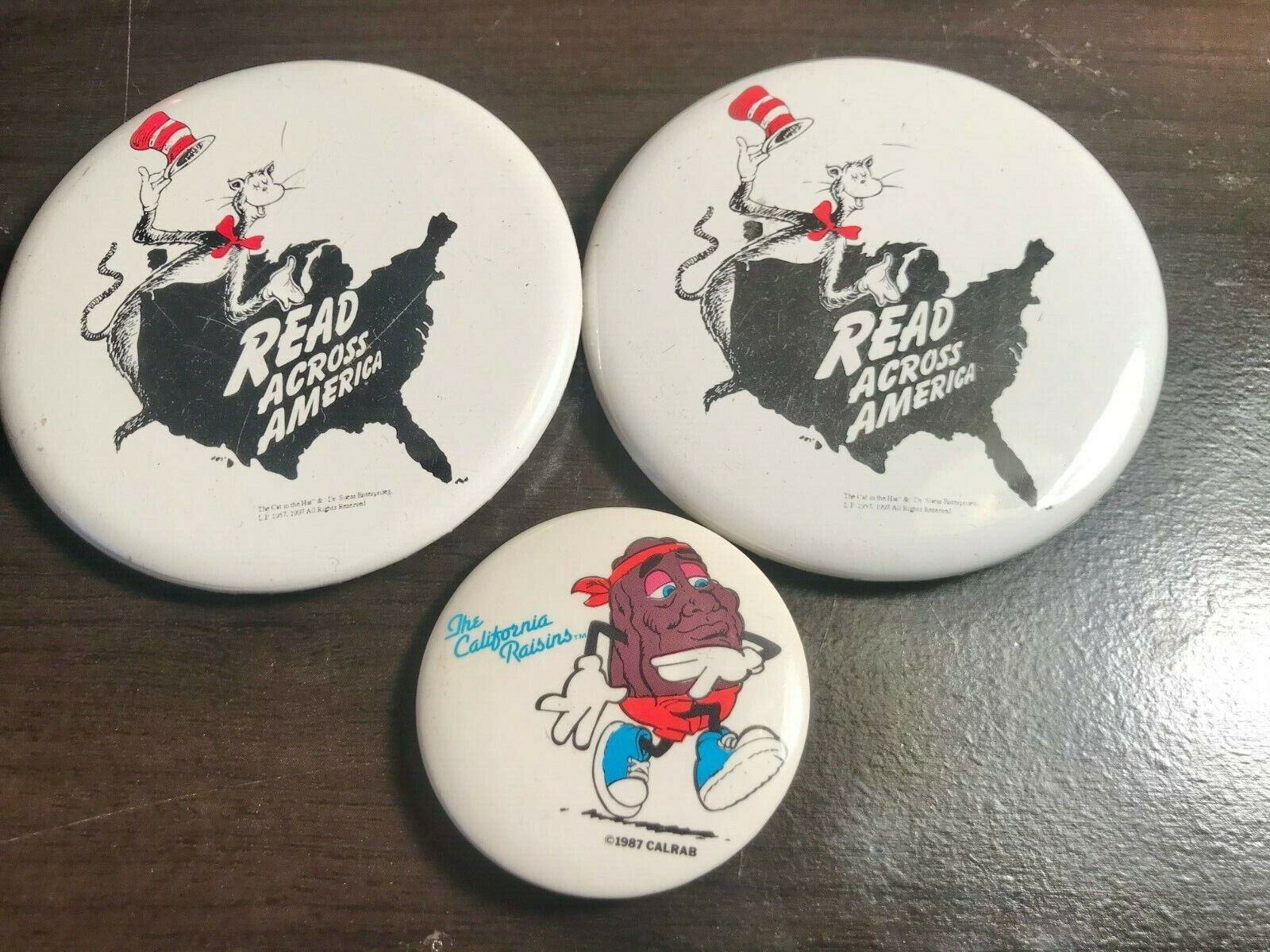 3 Vintage Pin Buttons 2 Cat in the Hat Read Across America 1 California Raisins