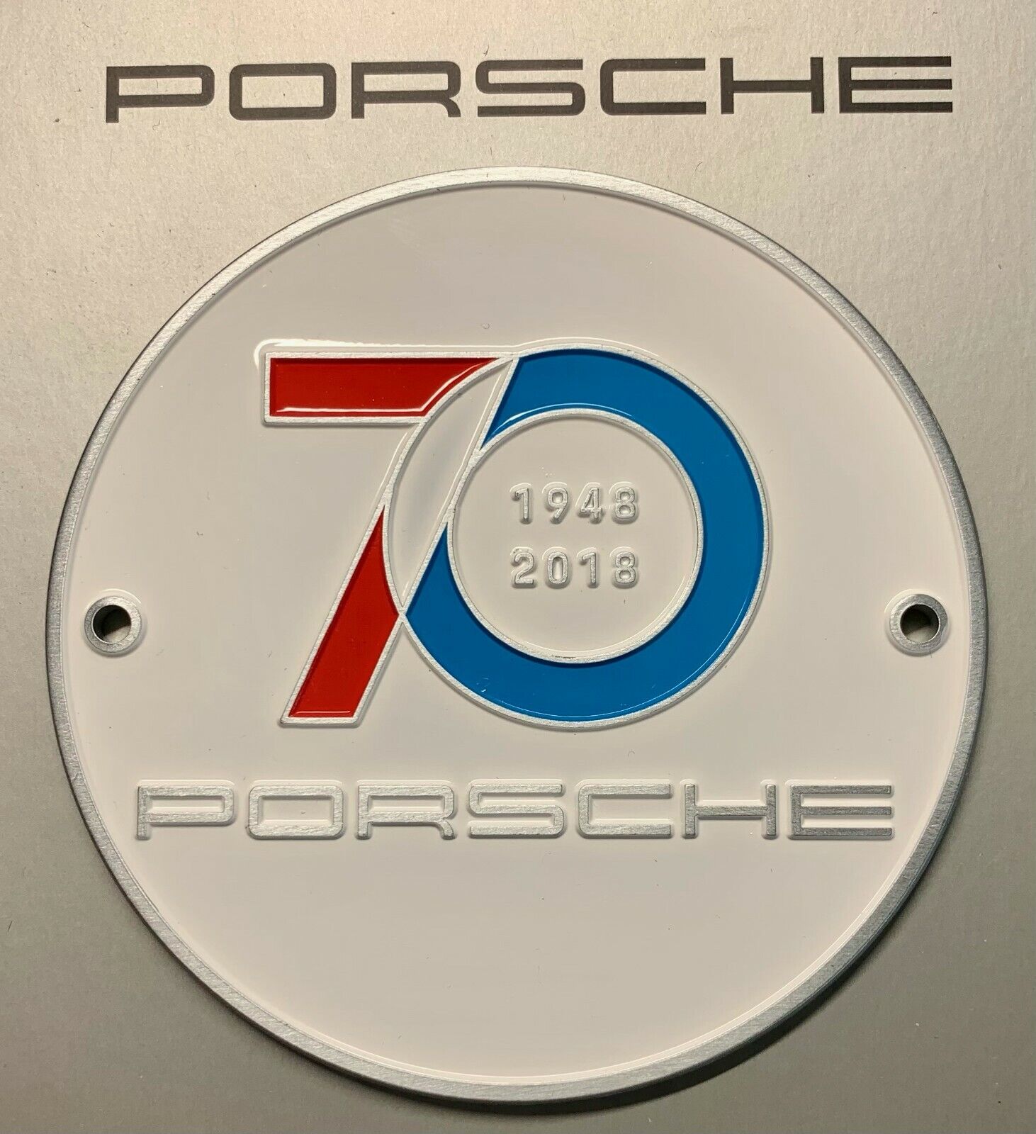 GENUINE PORSCHE GRILL BADGE 70 YEARS 1948 - 2018 WHITE TOGETHER DAY RARE NEW
