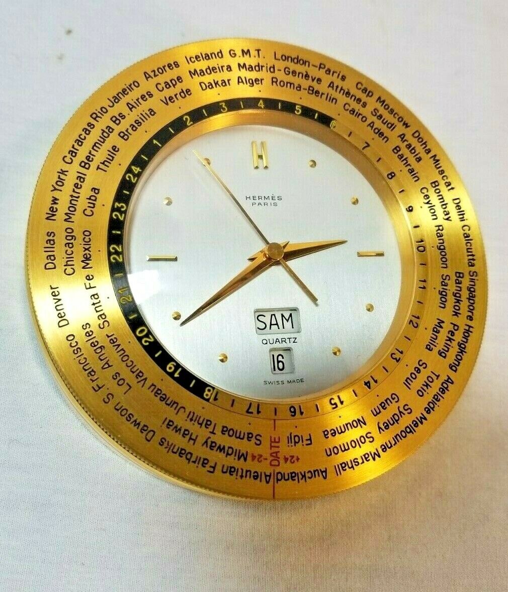 Hermes Vintage 1960\'s Solid Brass Gold World Desk Clock working Serviced RARE 