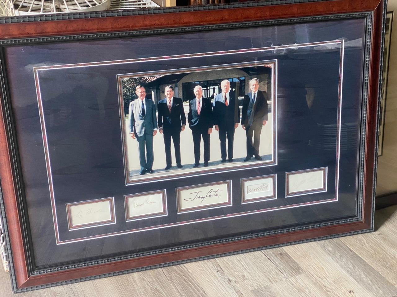 Framed Autographed Photo of Five Former Presidents at Reagan Library Opening Day