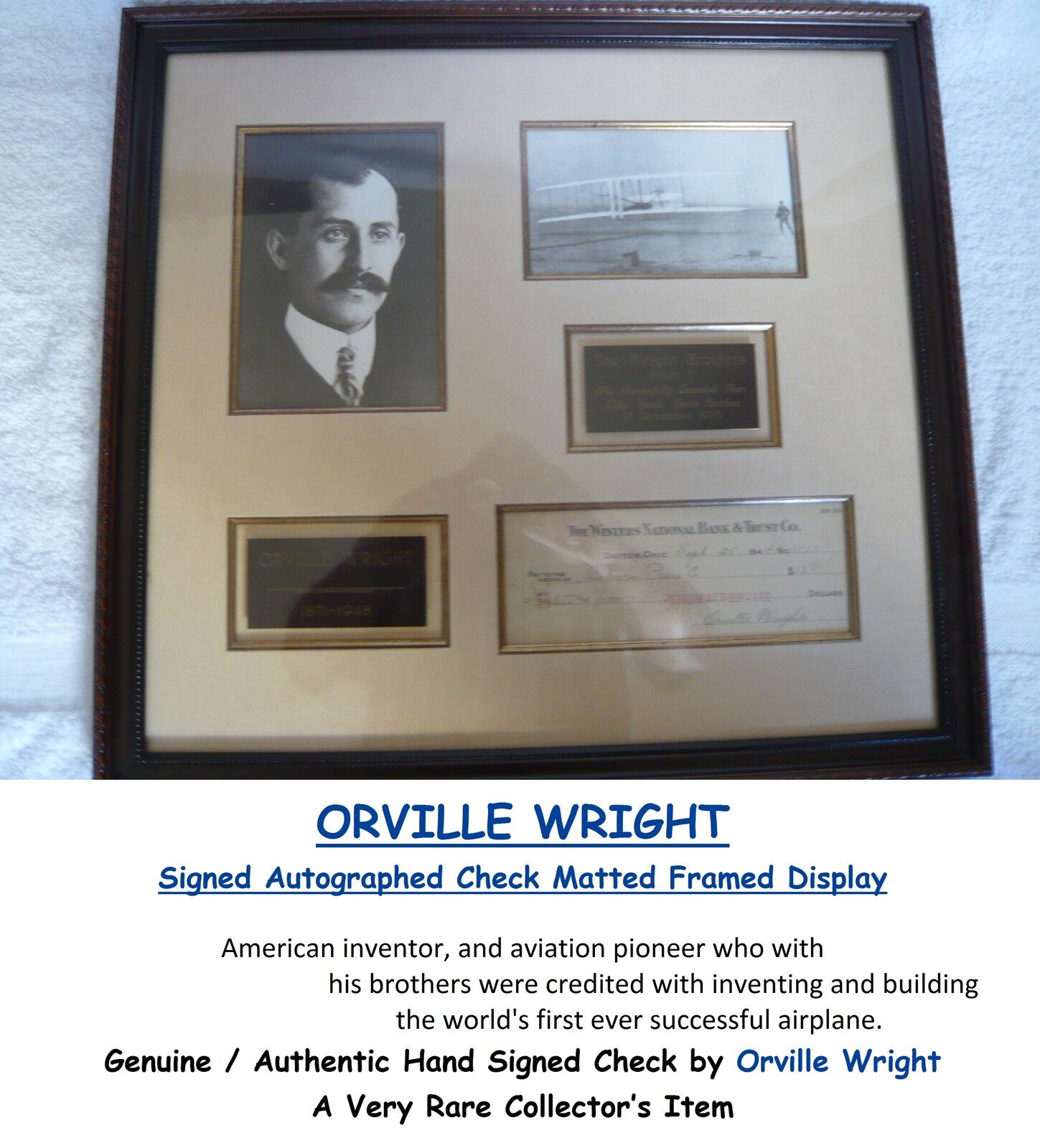 ORVILLE WRIGHT BROTHERS  SIGNED CANCELLED BANK CHEQUE  FRAMED DISPLAY  RARE ITEM