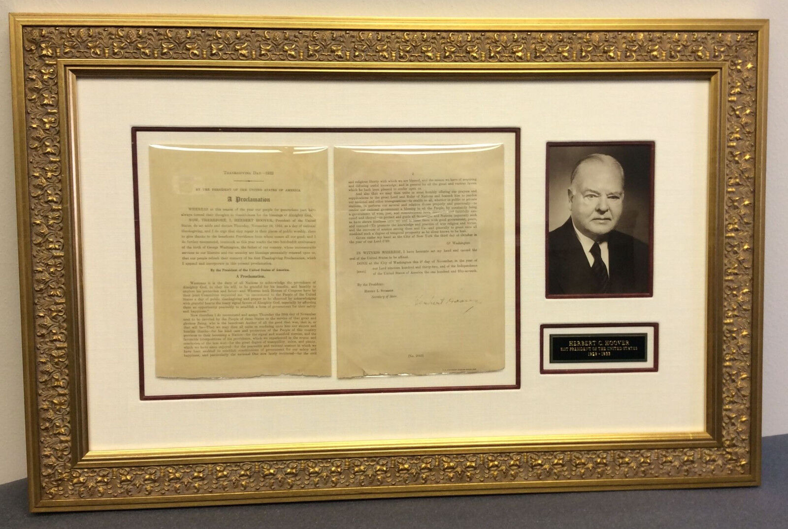 Herbert Hoover signed document DS President Washington Thanksgiving BAS  COA