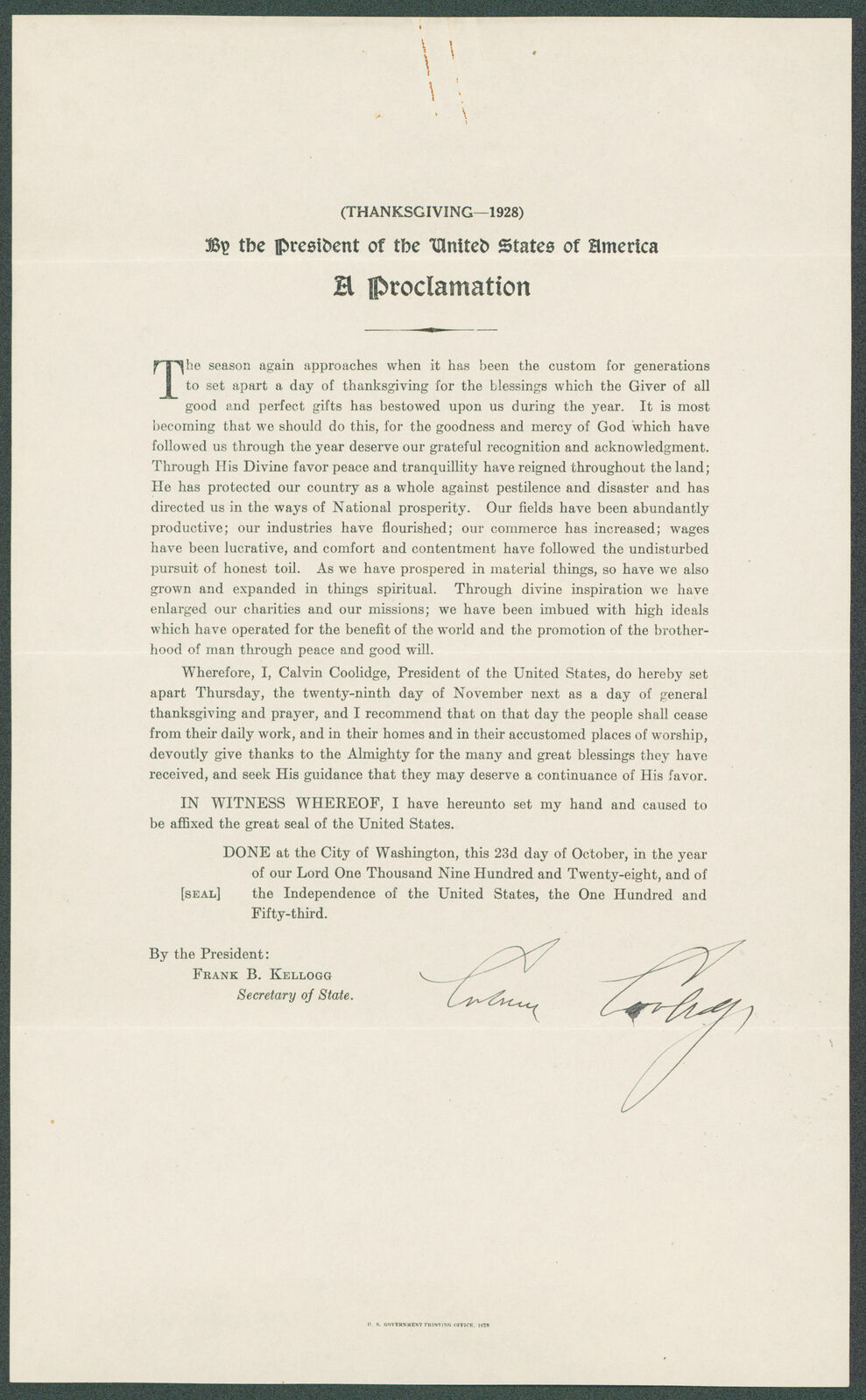 Calvin Coolidge Signed 8x13 1928 Thanksgiving Proclamation Document JSA #BB62326