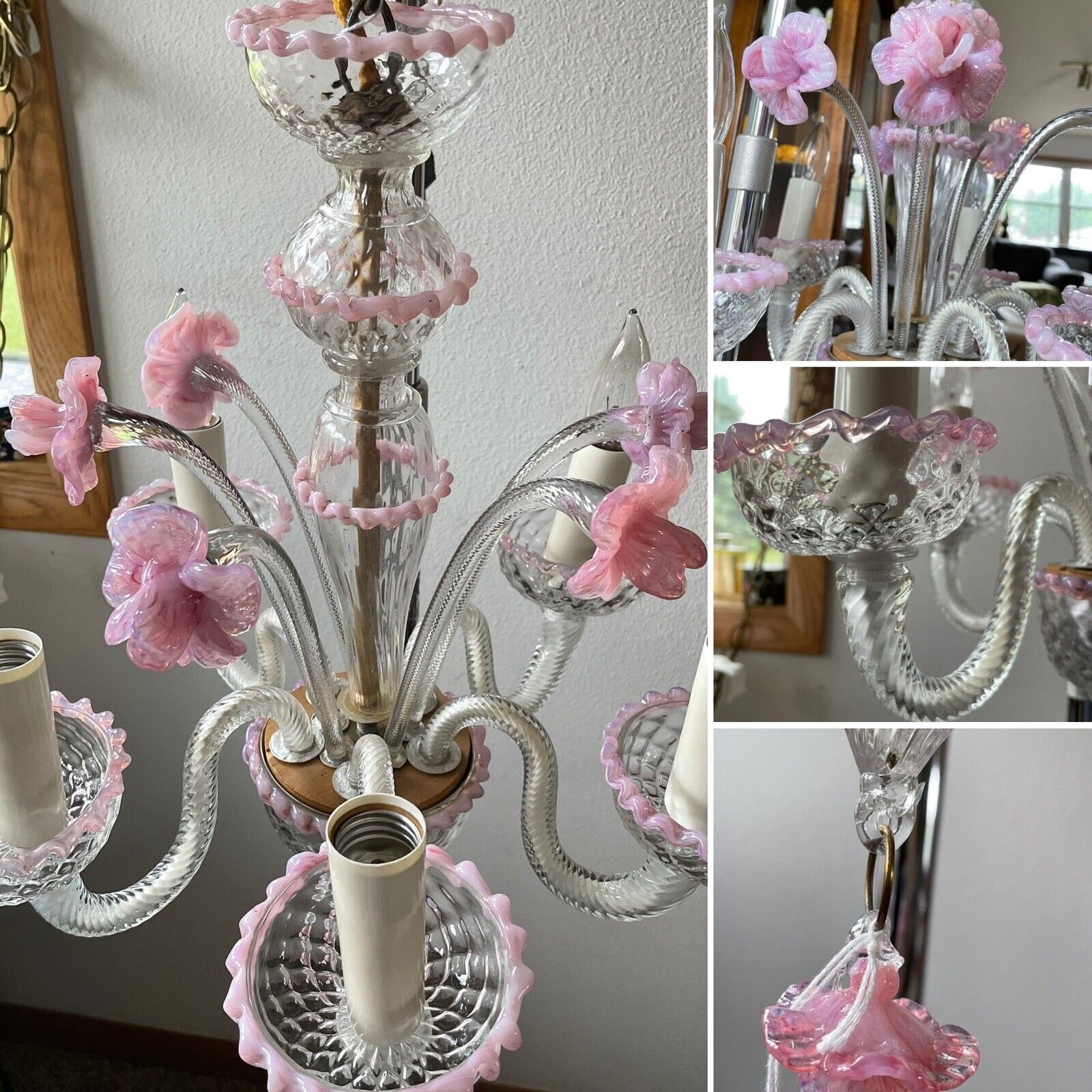 Antique Vintage Pink Candy Cane Color Venetian Murano Art Glass Chandelier