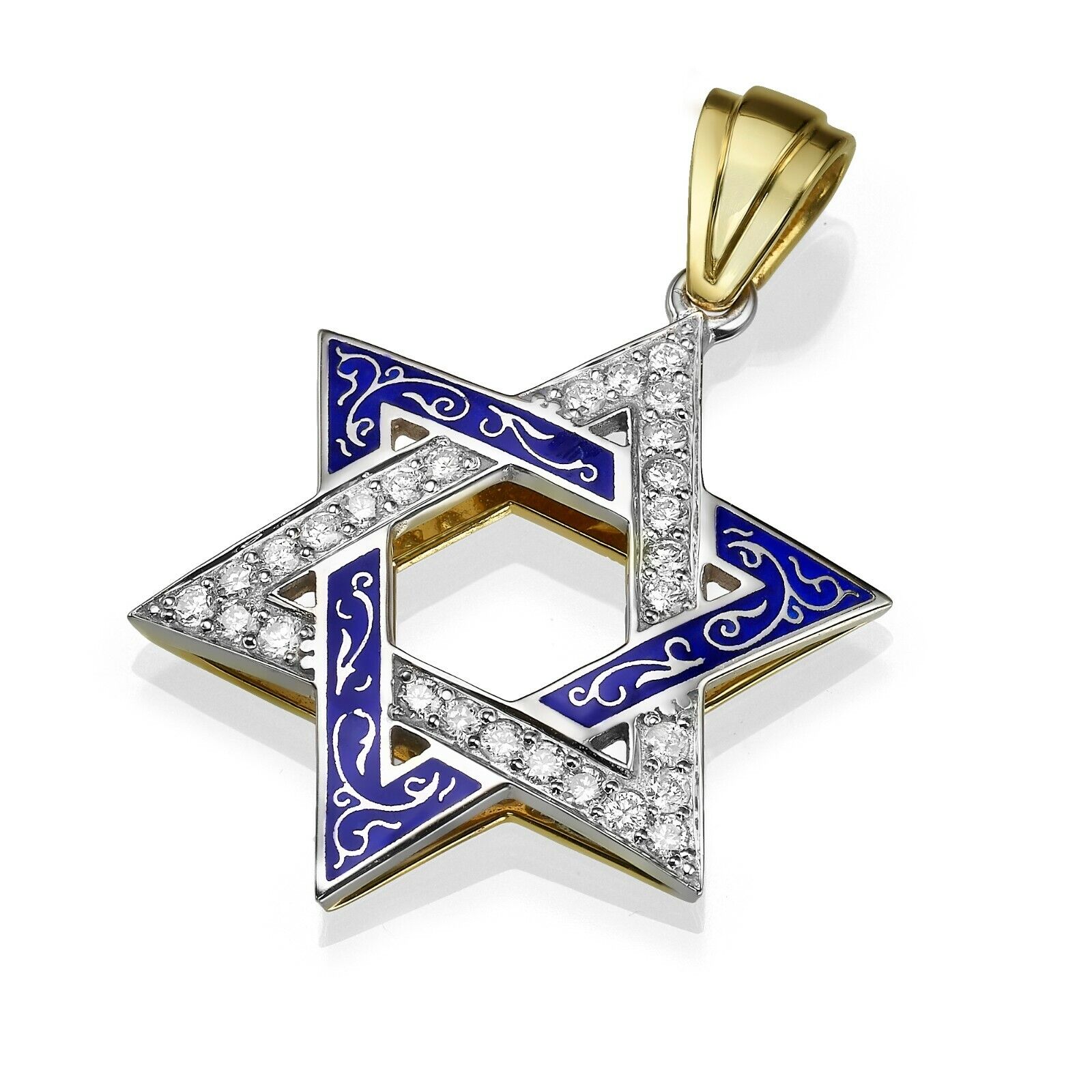 Diamond Star of David Pendant 14K Two Tone Gold Blue Enamel Magen David Jewish