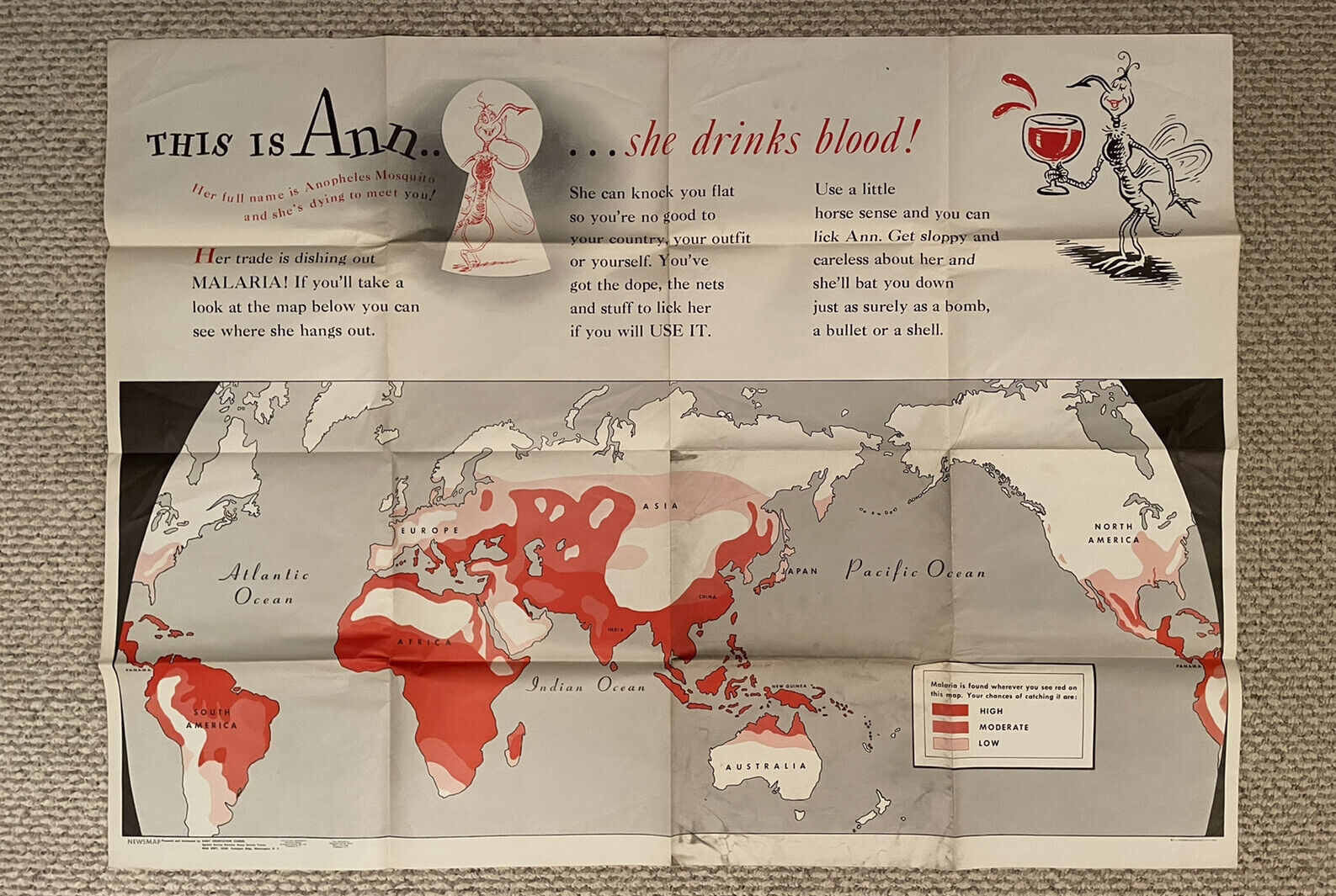 Original Dr. Seuss WWII Poster Warning Against Malaria Via Mosquito Bites 35x47”