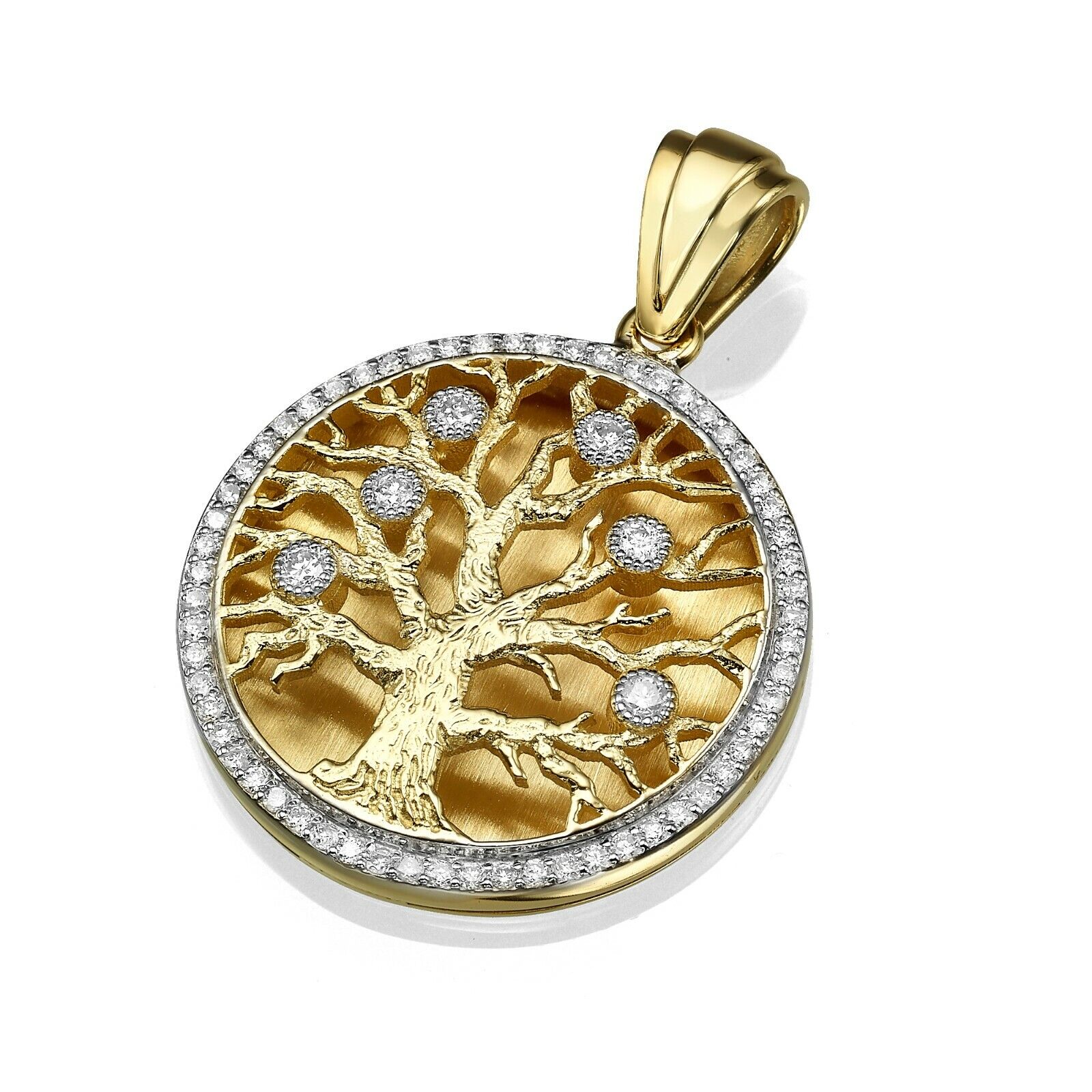 14K Yellow Gold Tree Of Life Pendant Diamond Studded Round Judaica Charm Israel