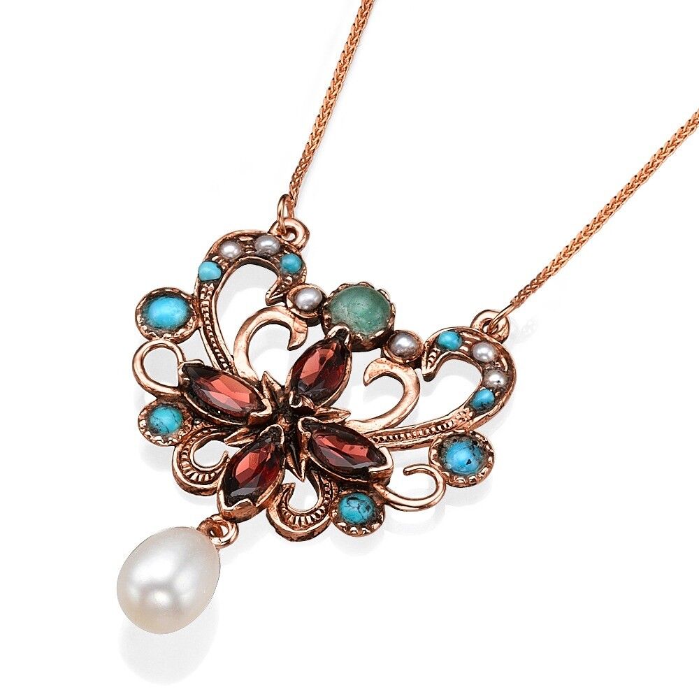 Vintage Style Butterfly w/ Turquoise Jade Pearl Garnet Pendant in 14K Rose Gold