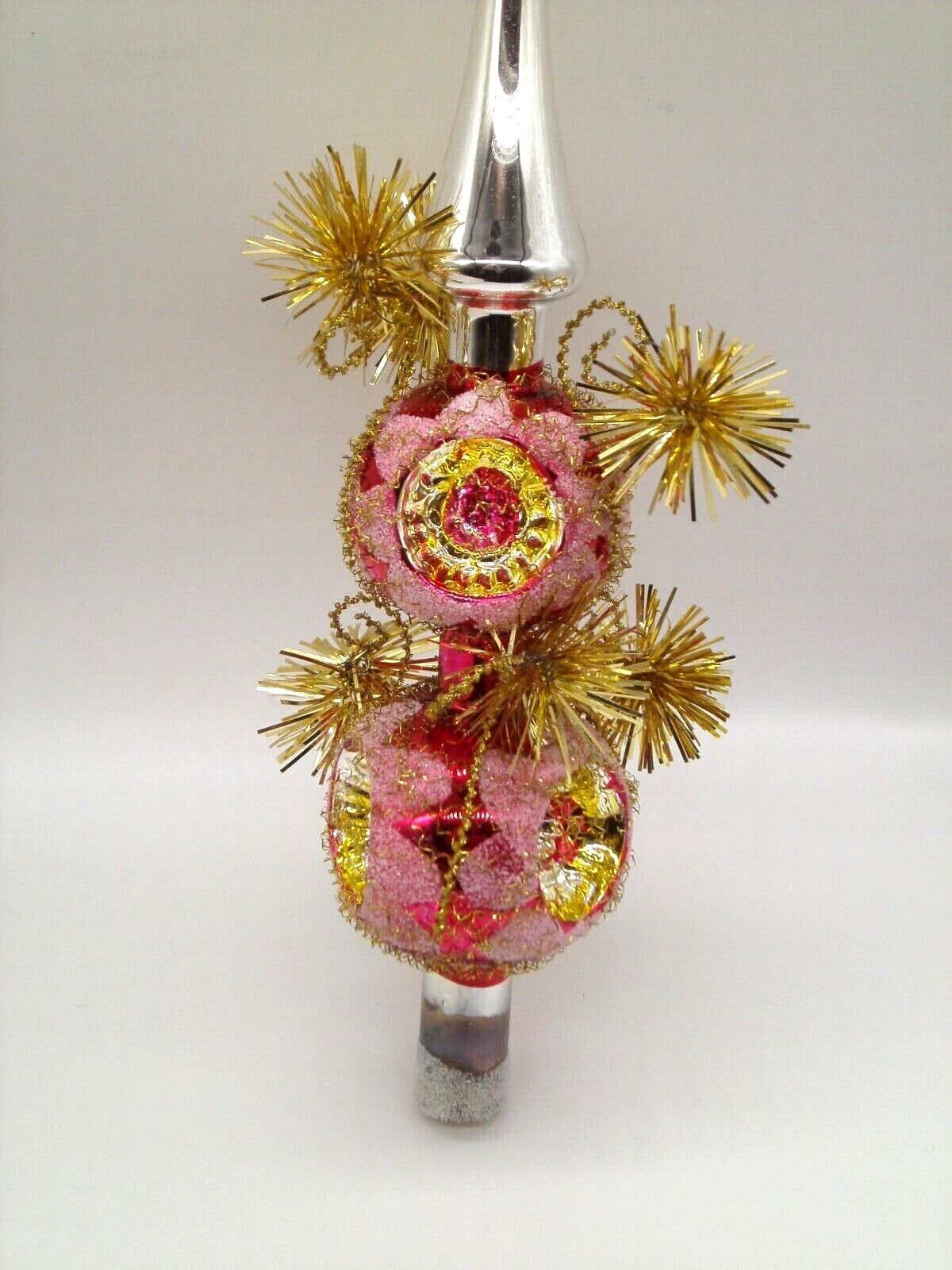 Vtg CHRISTMAS TREE TOPPER Blown Glass Red w Gold Tinsel Wire Wrapped W GERMANY