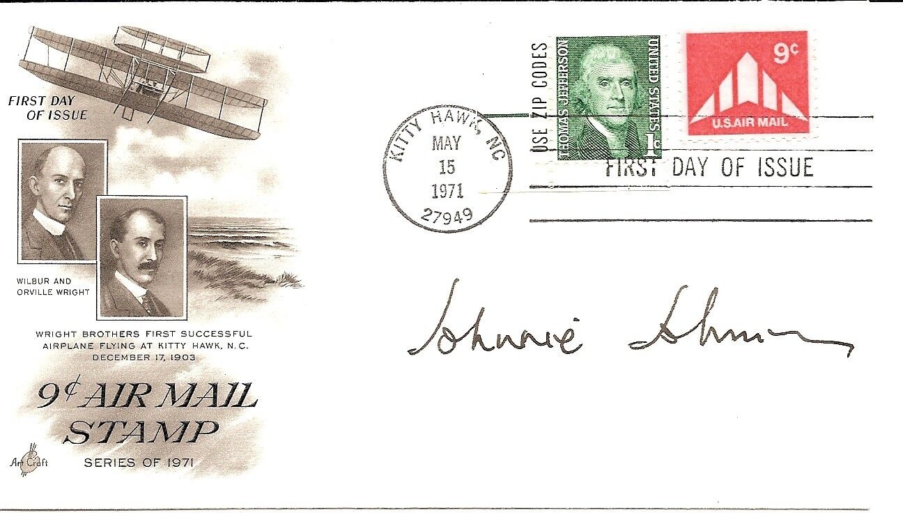 First Day Cover Honoring Wright Brothers Signed by Johnnie Johnson in 1971 w/COA