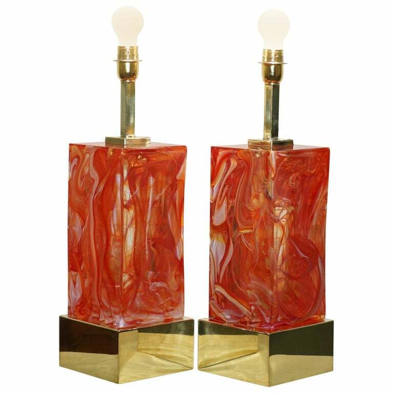 SUBLIME PAIR OF ORIGINAL MURANO GLASS MARBLED SOLID HEAVY LARGE TABLE LAMPS