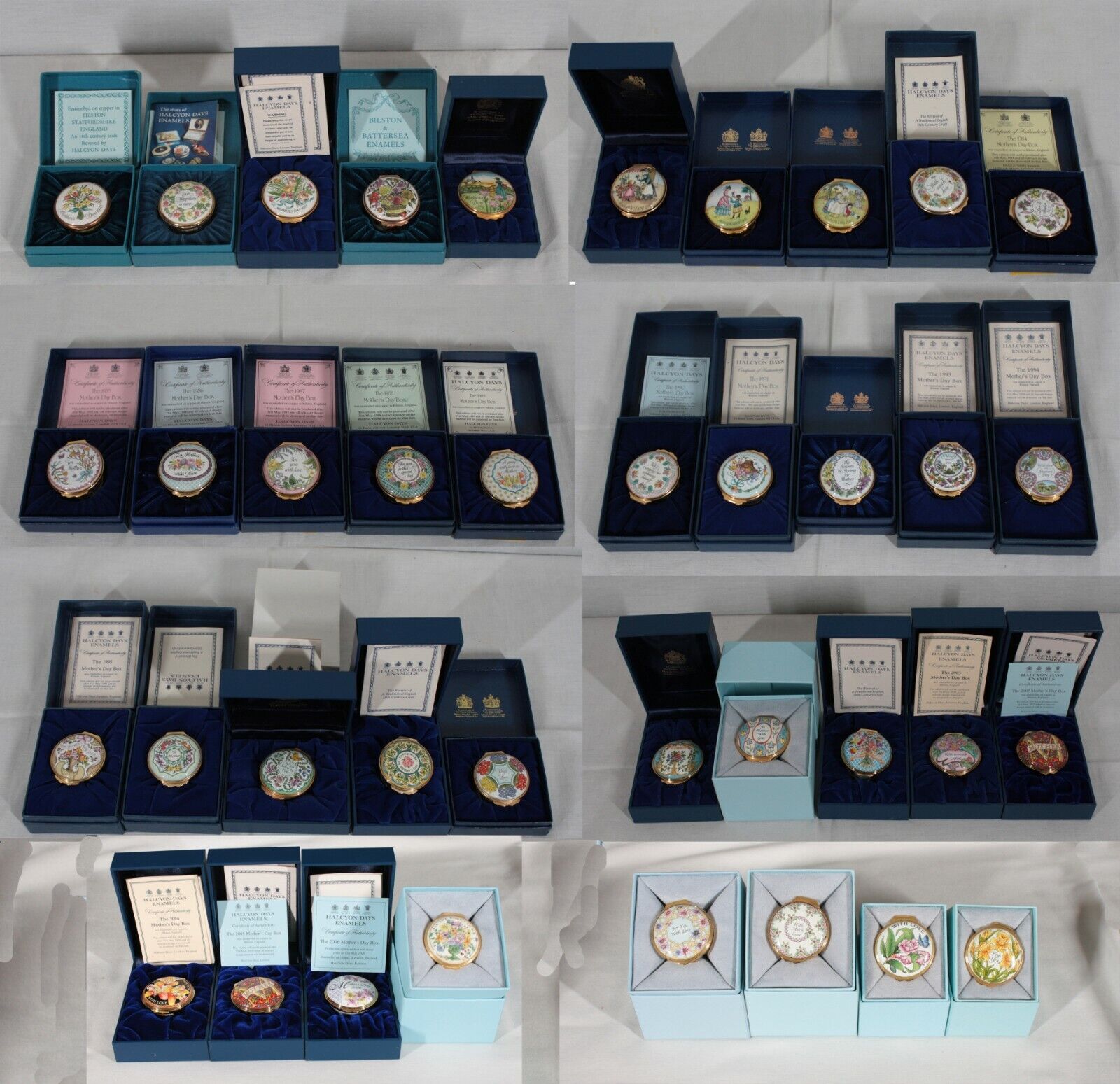 COLLECTION OF 37 HALCYON DAYS MOTHERS DAY ANNUAL ENAMEL BOXES