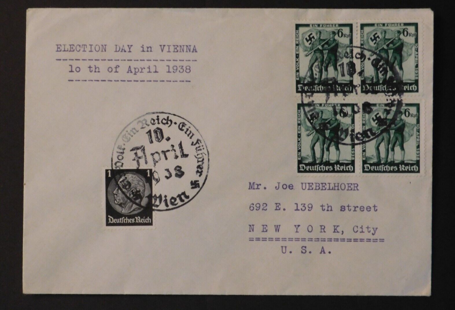 1938 Vienna Germany Election Day Cover to New York City USA with Block 4