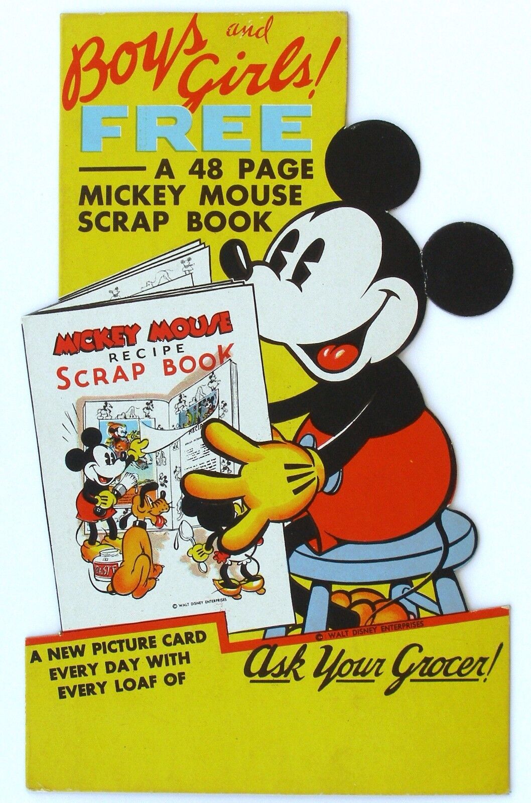1930's Die Cut Cardboard Advertising for Mickey Mouse Recipe Scrapbook