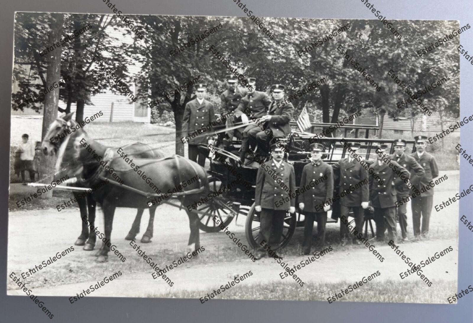 1911 RPPC Needham MA fire engine crew Memorial Day parade Real Photo Postcard