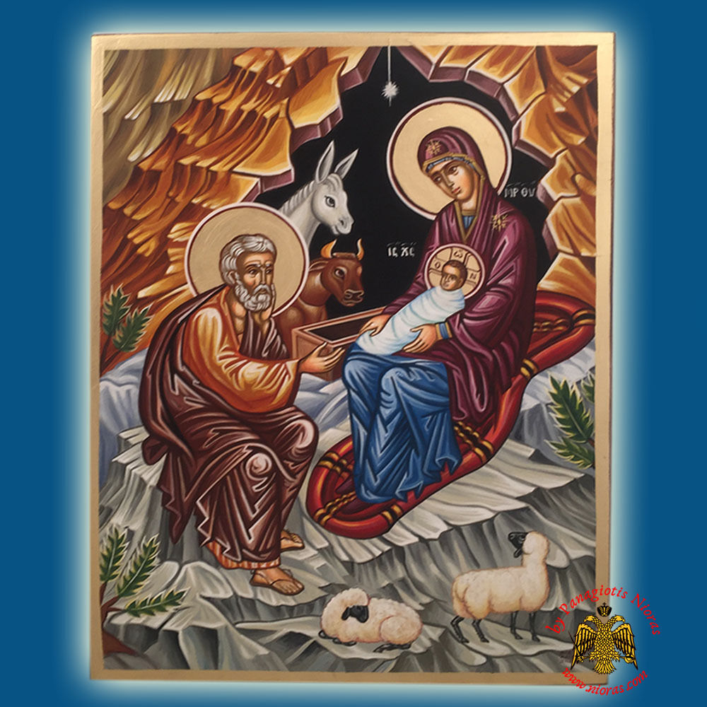 Orthodox Byzantine Nativity Of Christ Painted Wooden Icon Christmas Weihnachten