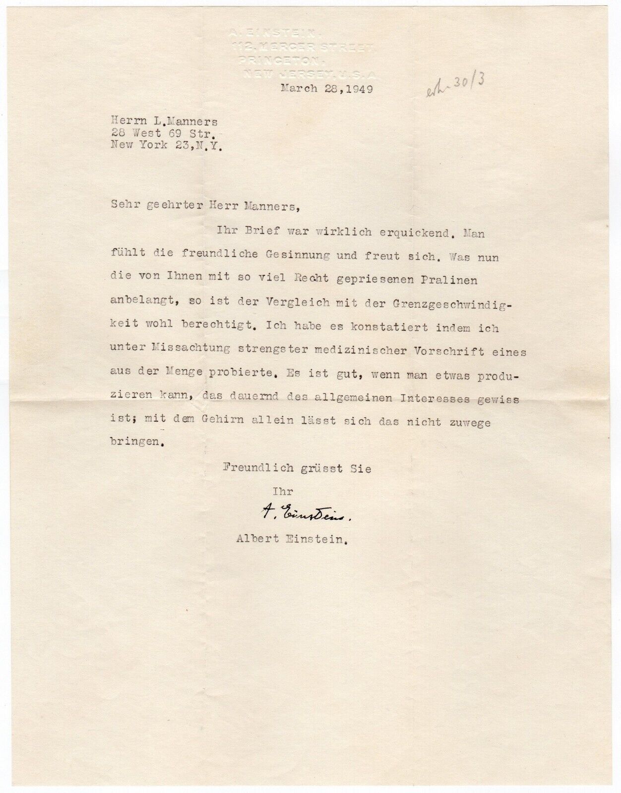 Einstein, Albert - Humorous typed letter signed re: chocolates and limit speed