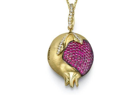 Unique Pomegranate Ruby Diamond Pendant in 18k Yellow Gold Jewish Charm Jewelry