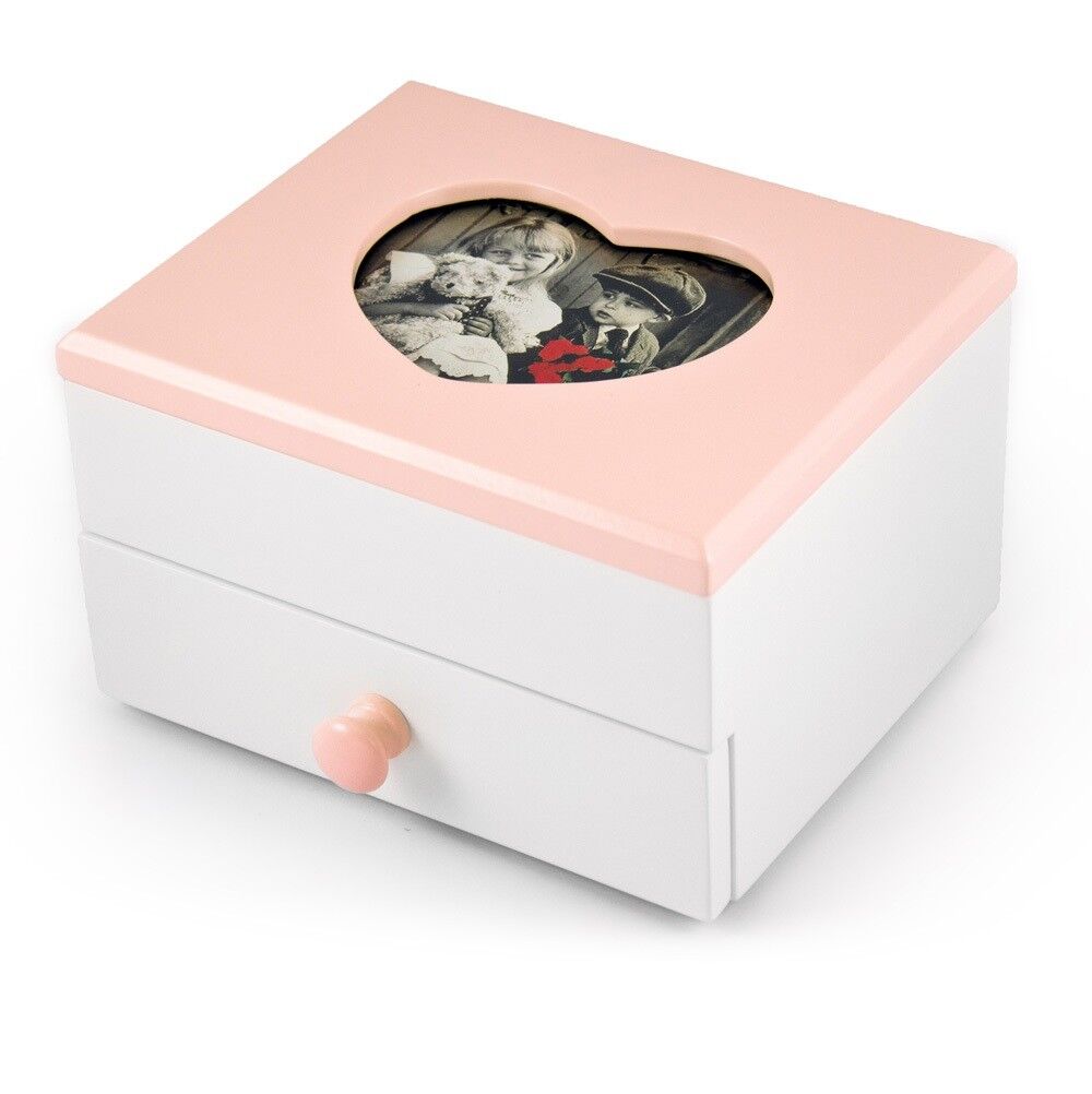Adorable 18 Note Matte White with Pink Heart Shaped Frame Musical Jewelry Box